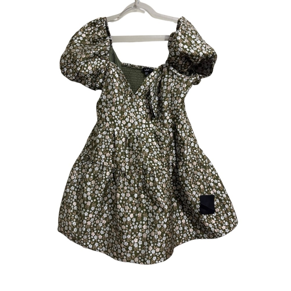 New Lulus Sz XL Confident Sweetheart Olive Floral Jacquard Tiered Mini Dress - Picture 5 of 8